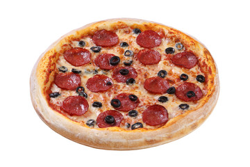 Pizza with cheese, salami, mushrooms, olives and tomato sauce