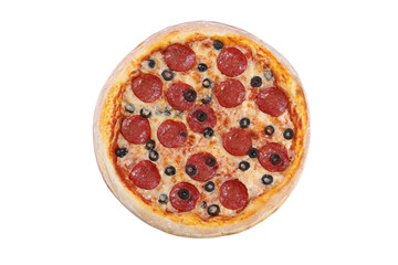 Pizza with cheese, salami, mushrooms, olives and tomato sauce