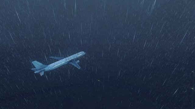 Passenger airplane flying high in the night sky at stormy weather with heavy rain. Realistic 3D animation rendered in 4K, ultra high definition.