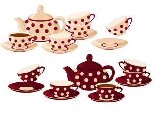Vector set of isolated teapots, cups of tea and empty cups.