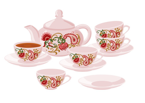 Teapot and cups with an Oriental floral pattern.