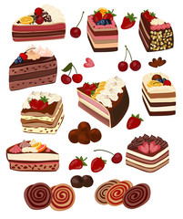 Set of isolated cakes decorated with cream and fruit, rolls, pastries and candy.