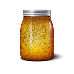 Glitter jar. Realistic object with shiny golden sparkles