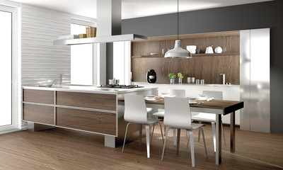 Moderne Küche mit Edelstahl und Holzoptik, Einbauküche, kitchen