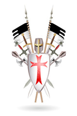 Outfit Templar: shield, sword, two-handed sword, ax, mace, helmet, standard. Colored vector illustration, made in the form of a coat of arms on white.