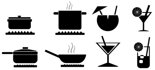 Casserole et cocktail en 8 icônes