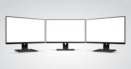 Three Computer Monitors with Ultra-thin display border with blank white screen Mockup