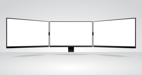 Three panels of Computer Monitors Mockup with white blank screen