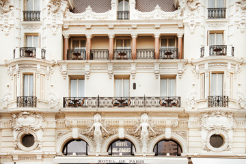 Front facade of Hotel de Paris in Monte Carlo. This luxury 5-star hotel was opened in 1863.