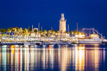 Lighthouse "La Farola" located on the Paseo de la Farola on the east side of the harbor of Malaga. Spain