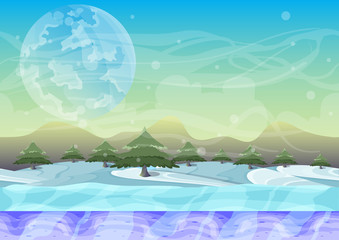 Fototapeta na wymiar cartoon vector snow landscape with separated layers for game and animation, game design asset