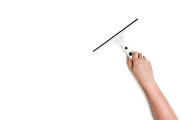 Hand cleaning with squeegee against a white background