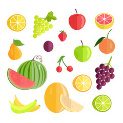 Set of Fruits Flat Design Vector Illustration.  