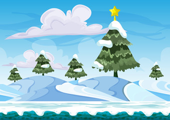 Seamless cartoon vector snow landscape with separated layers for game and animation, game design asset