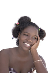 Portrait of a teenage girl wearing bunches, isolated, no make-up