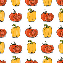 Appetizing red tomato and yellow bell pepper seamless pattern