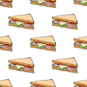 Ham, Cheese, Tomato And Lettuce Sandwich Seamless Pattern