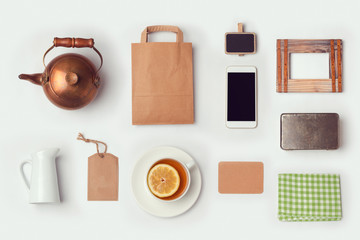 Tea shop mock up template for branding identity design. View from above. Flat lay