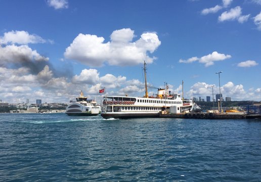 Ferries of Istanbul as a landmark of the city. Nearly 150,000 passengers use ferries daily in city, due to easy access to 2 different continents between europe and asia.
