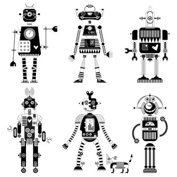 Set of black and white robots of different shapes. 