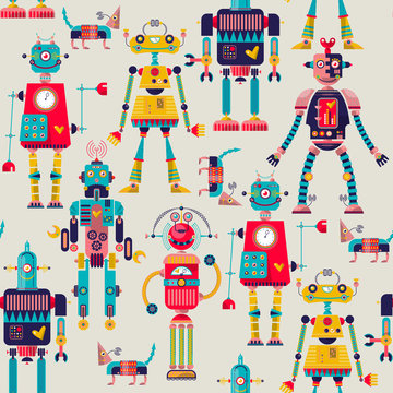 Robots of different shapes and multiple collors. Seamless background pattern.