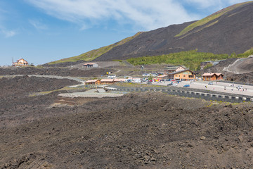 Mount Etna with car parking for tourists visiting the vulcano, Sicily