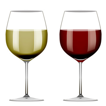Два бокала красного вина и белого вина на белом изолированном фоне