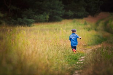 Naklejka na ściany i meble Young boy playing on fields in countryside
