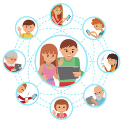 Social media communications. Man woman couple calling with tablet to their children parents grandparents and friends.