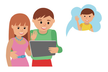 Family vector illustration flat style social media communications. Man woman couple parents make video call with tablet with son.