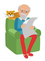 Happy senior man sitting on the sofa read newspaper and rest with cat.