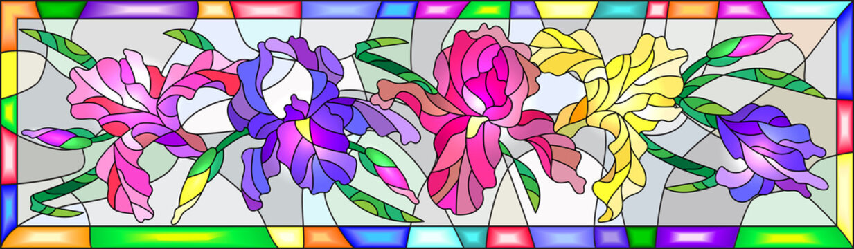 Illustration in stained glass style with flowers, buds and leaves of iris