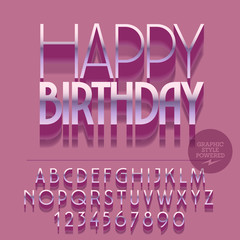 Set of slim glossy silver alphabet letters, numbers and punctuation symbols. Vector reflective greeting card with text Happy birthday. File contains graphic styles