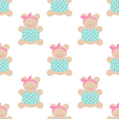 Teddy bear seamless pattern. Cute cartoon girl teddy bear vector illustration on white background. Baby shower background. Fashion design for textile, wallpaper, web, fabric, decor etc
