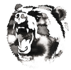 black and white painting with water and ink draw bear illustration