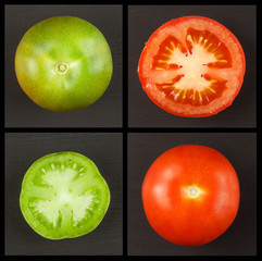 Ripe and unripe tomato collage. Green and red tomatoes. Growing vegetables. Advertising for vegetables.