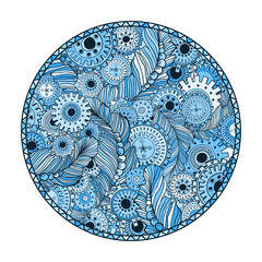 Blue round coloring page design with doodle pattern for adults. Colored illustration.