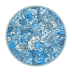 Blue round coloring page design with doodle pattern for adults.