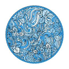 Blue round coloring page design with doodle pattern for adults.