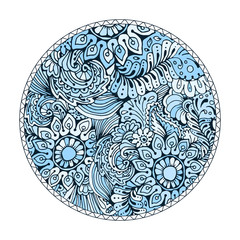 Blue round coloring page design with doodle pattern for adults.