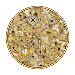 Yellow, brown and beige round coloring page design with doodle pattern for adults.