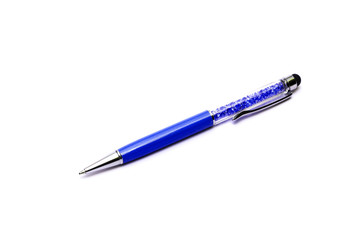 Blue pen in closeup isolated on white background