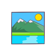 Drawing mountain landscape icon in cartoon style isolated on white background. Painting symbol