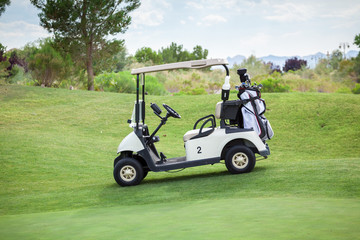 Golf cart on golf course.