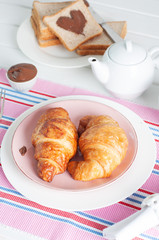 Sunday breakfast. Croissants with tea and peanut butter.