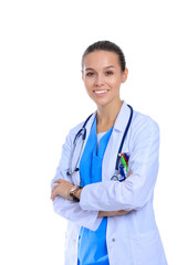 Woman doctor with stethoscope standing with arms crossed isolated on a white background