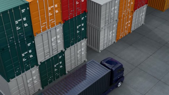 Black truck in container port. 3D rendering animation