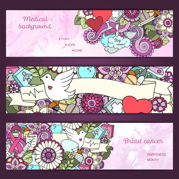 Vector set with doodles science, medicine and floral theme.