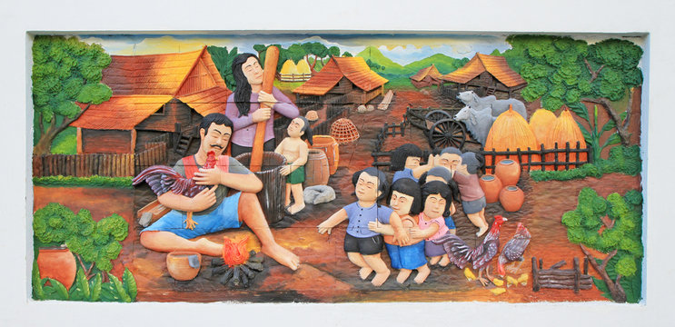 Stone carving and painting of Traditional Thai culture on temple wall