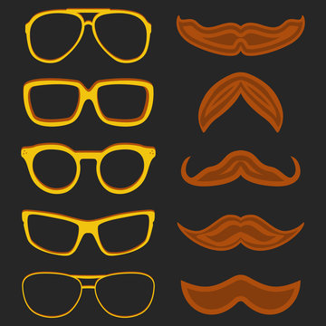 Set of hipster nerd glasses and stylish mustaches on black